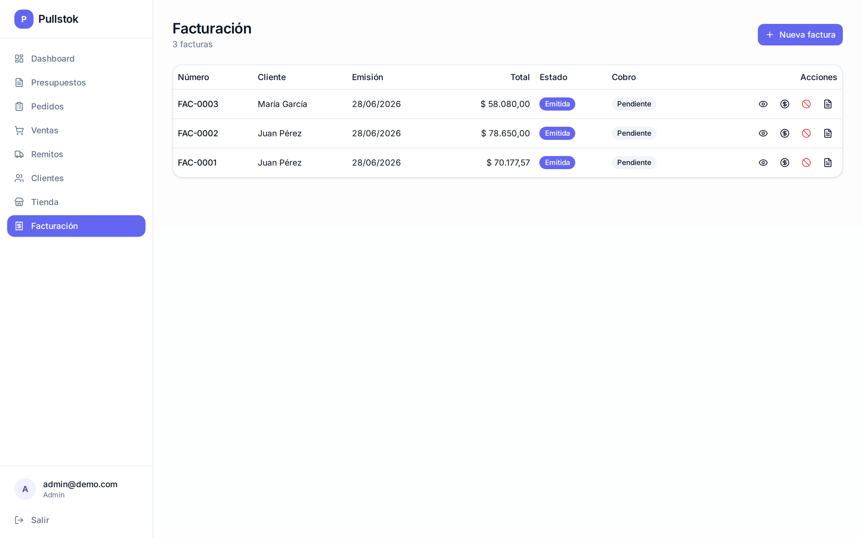 Listado de facturas emitidas en Pullstok con número, cliente, total y estado